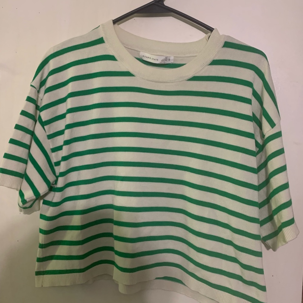 Altar'd State Cream and Green Striped Knit Top